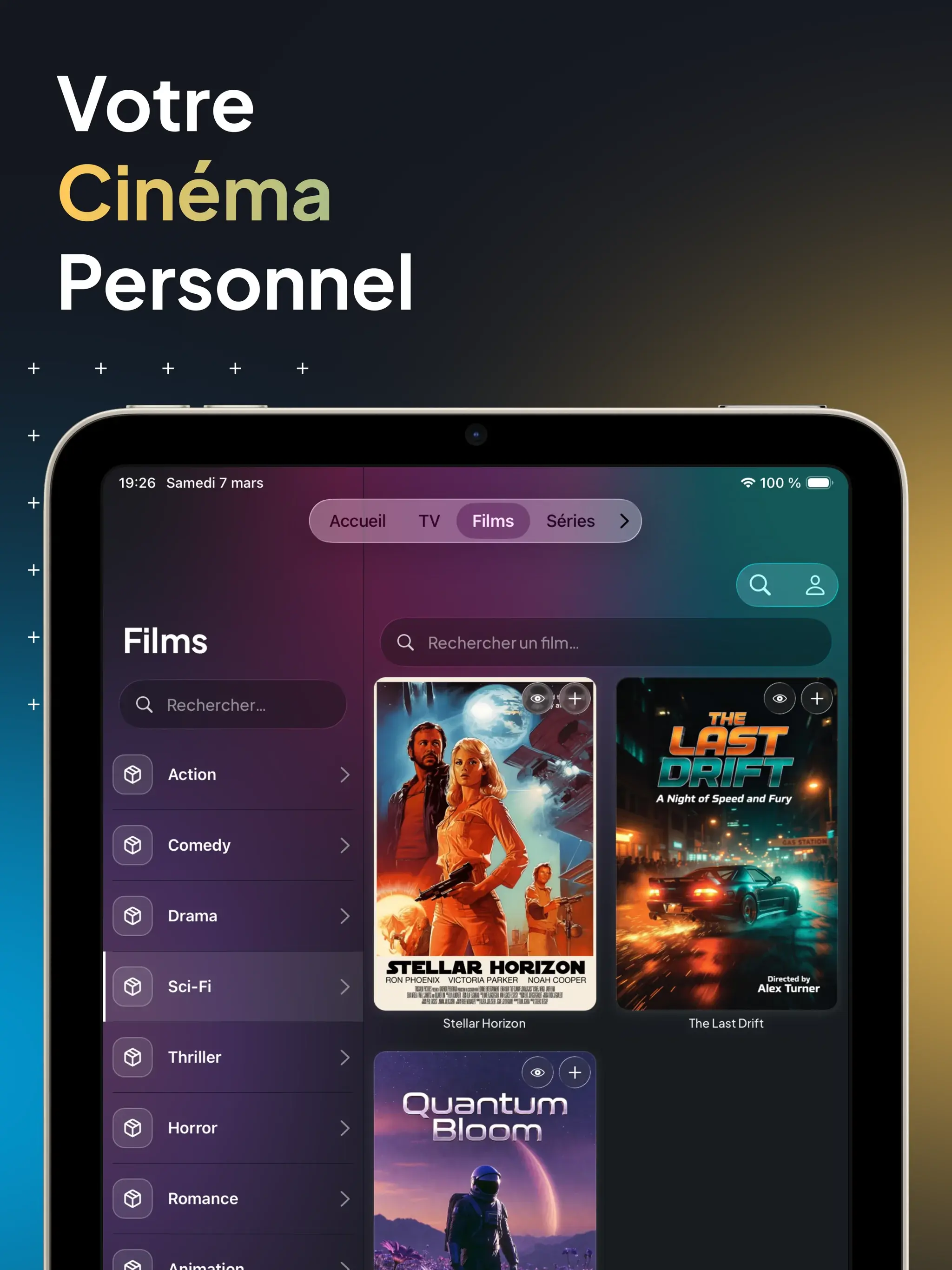 Votre cinéma personnel sur iPad avec catalogue de films et catégories IPTV Dreamer